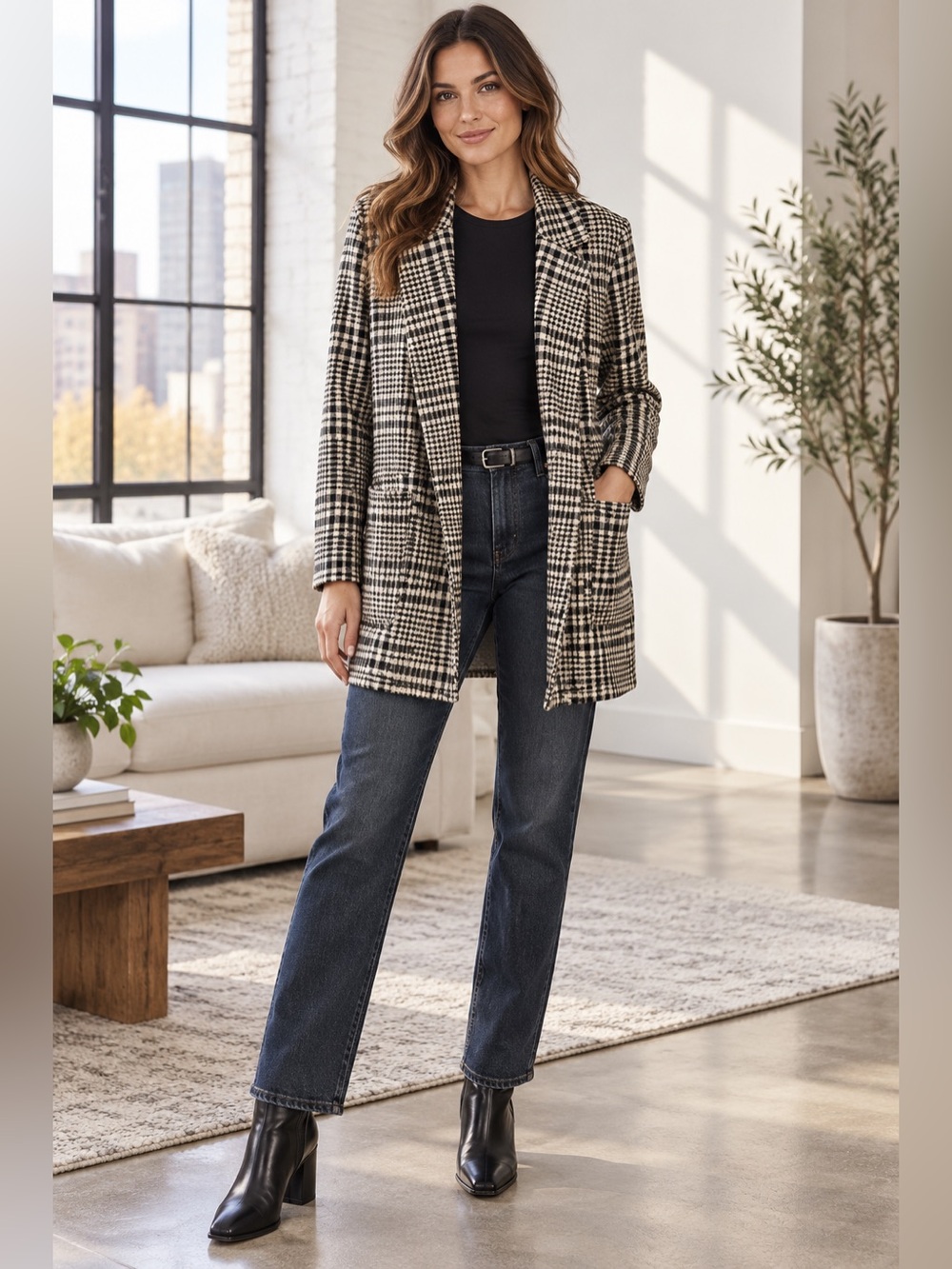 Sanctuary x Anthropologie Black Tan Plaid Knit Longline Blazer Size S